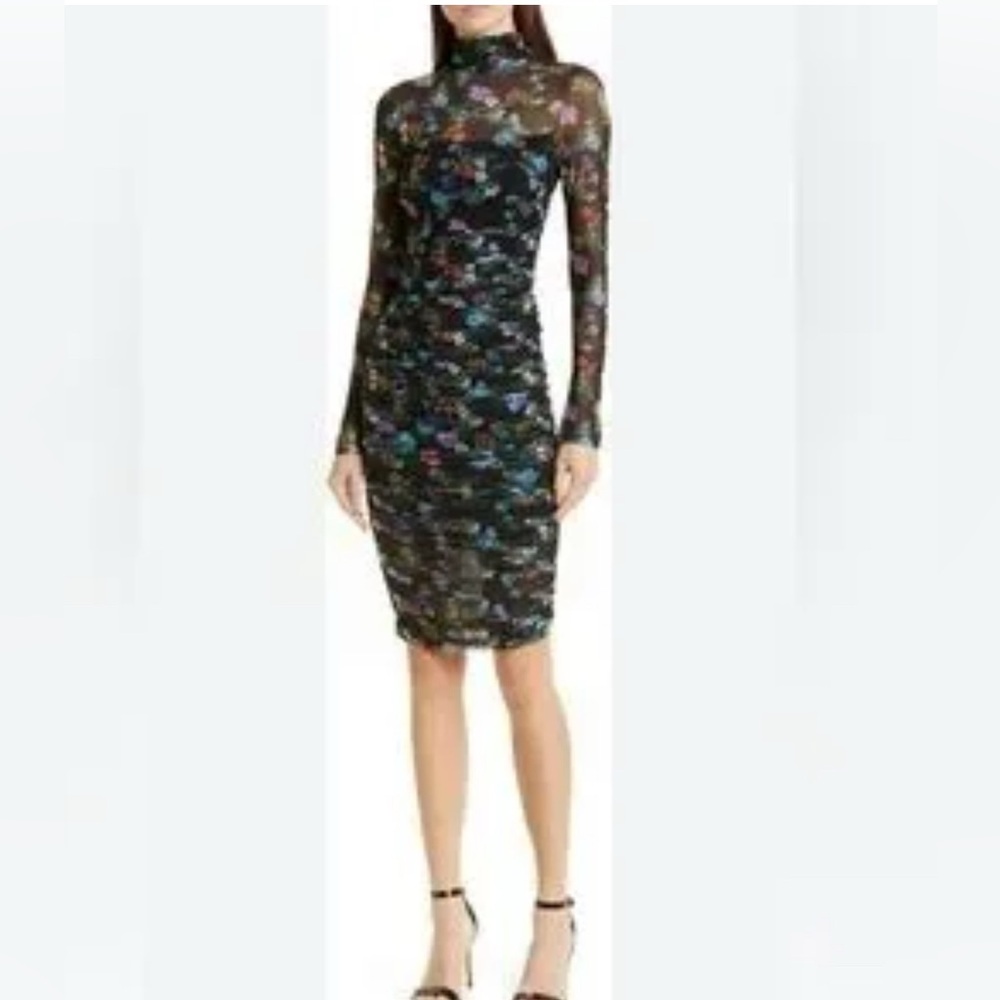 🆕 Alice + Olivia Delora Floral Ruched Body Con Print Midi Dress - Size 0.